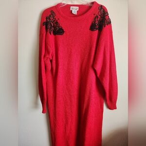 Chic Red Long Sleeve Dress with Black Embroidery